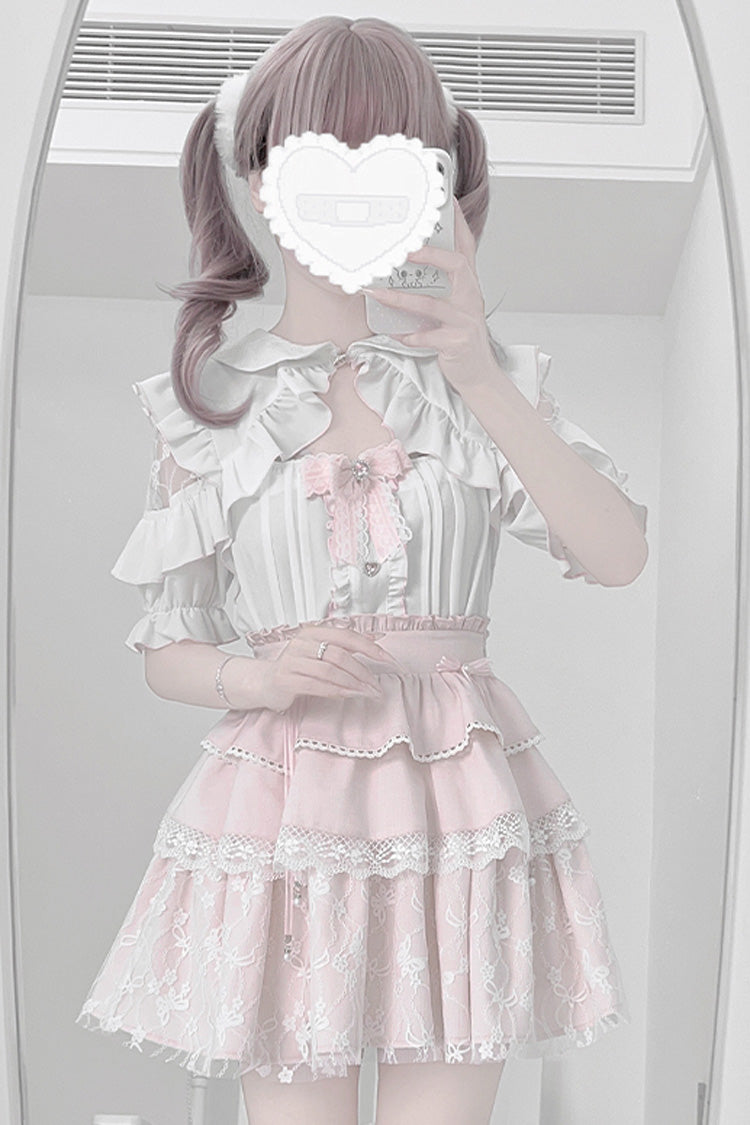Gothic Fashion Top - White/pink, 2 Colors, Bow Detail, Lace Trim, Ruffled - additional product view 5
