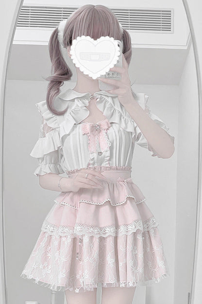 Gothic Fashion Top - White/pink, 2 Colors, Bow Detail, Lace Trim, Ruffled - additional product view 5
