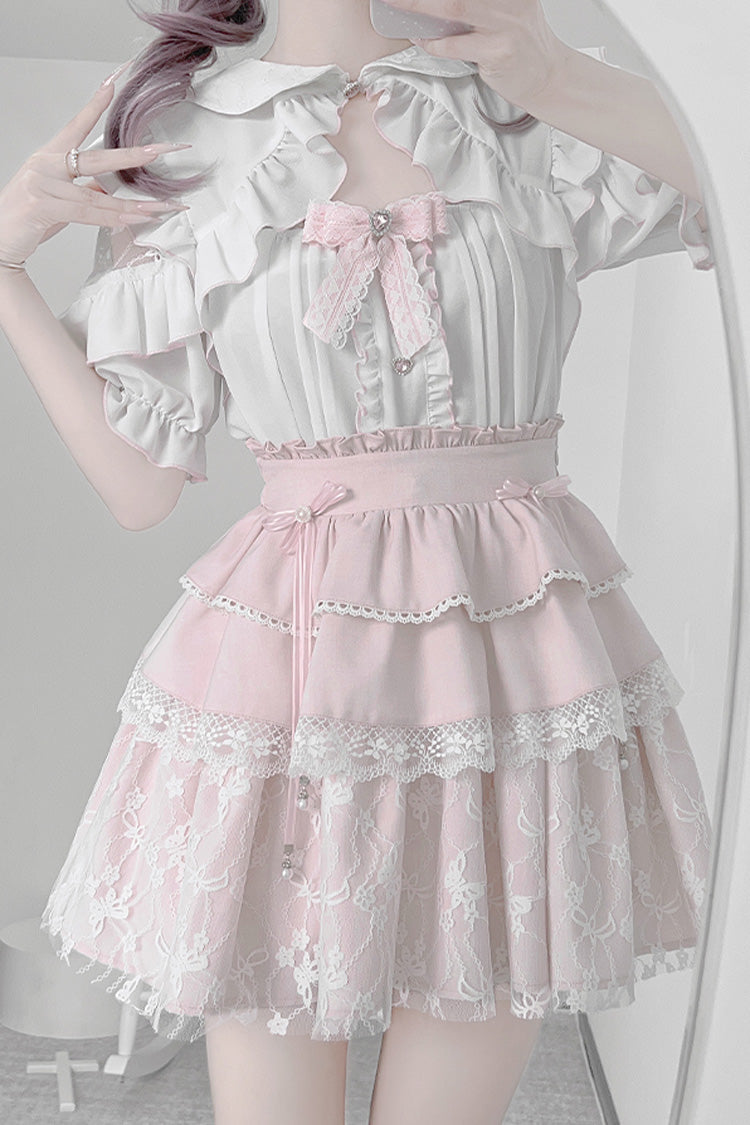 Gothic Fashion Top - White/pink, 2 Colors, Bow Detail, Lace Trim, Ruffled - additional product view 6