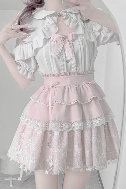 Gothic Fashion Top - White/pink, 2 Colors, Bow Detail, Lace Trim, Ruffled - additional product view 6
