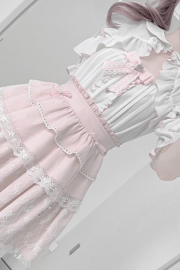 Gothic Fashion Top - White/pink, 2 Colors, Bow Detail, Lace Trim, Ruffled - additional product view 7