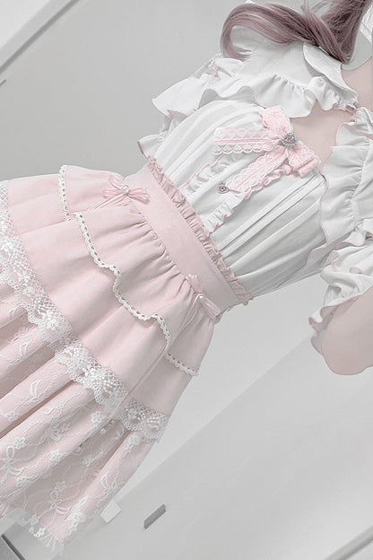 Gothic Fashion Top - White/pink, 2 Colors, Bow Detail, Lace Trim, Ruffled - additional product view 7