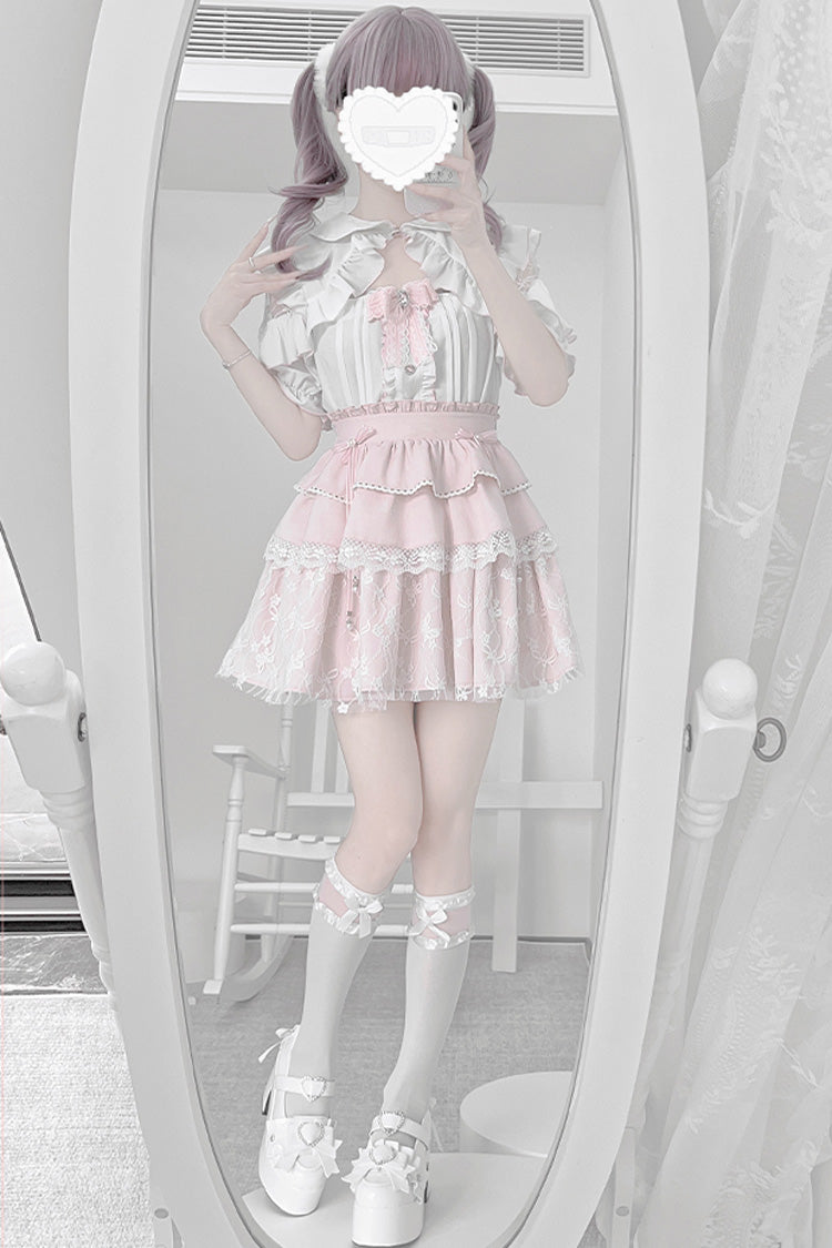 Gothic Fashion Top - White/pink, 2 Colors, Bow Detail, Lace Trim, Ruffled - additional product view 8