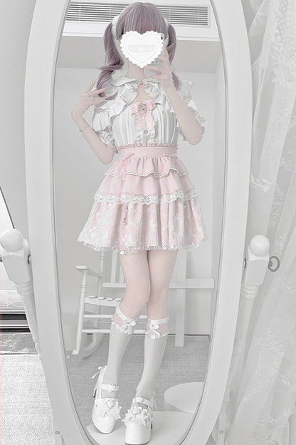 Gothic Fashion Top - White/pink, 2 Colors, Bow Detail, Lace Trim, Ruffled - additional product view 8