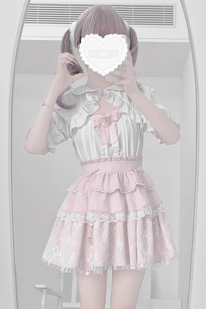 Gothic Fashion Top - White/pink, 2 Colors, Bow Detail, Lace Trim, Ruffled - additional product view 9