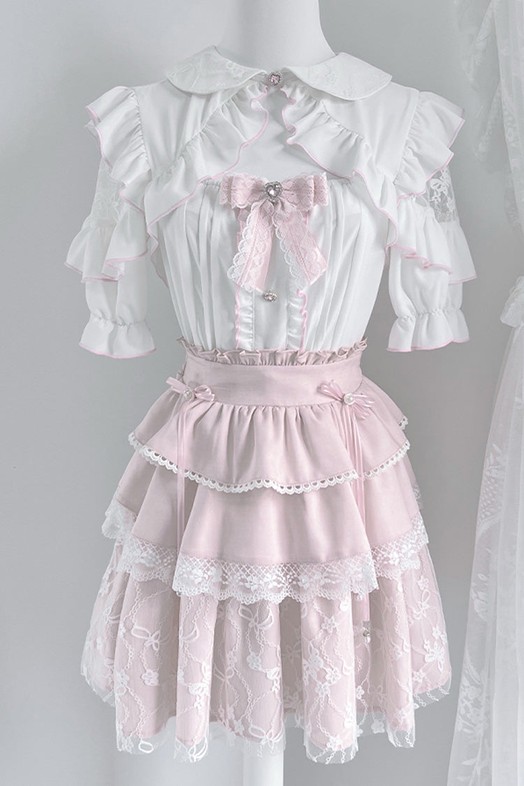 Gothic Fashion Top - White/pink, 2 Colors, Bow Detail, Lace Trim, Ruffled - main product image