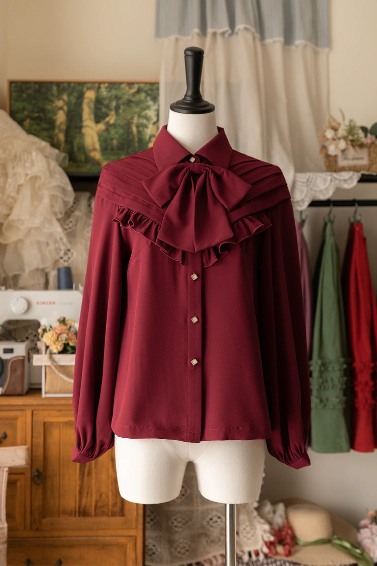 Gothic Lolita Blouse - Basket Of The Forest, 4 Colors, Ruffled, Long Sleeves - S Wine / M Wine / L Wine option