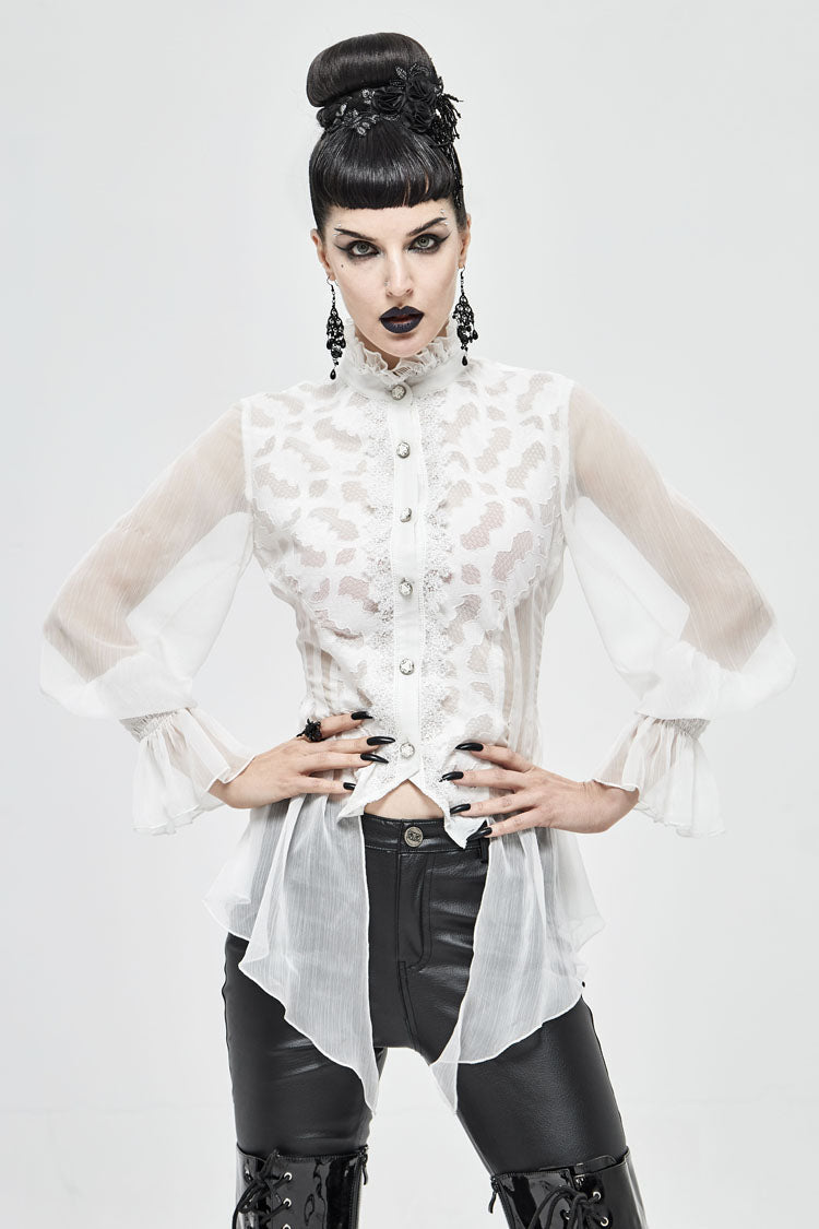 Gothic Lolita Blouse - Chiffon High Collar Front Flare, White, Women's Style, Lace Trim - additional product view 2
