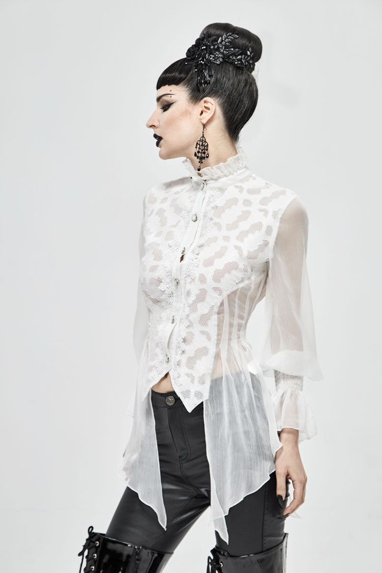Gothic Lolita Blouse - Chiffon High Collar Front Flare, White, Women's Style, Lace Trim - additional product view 3