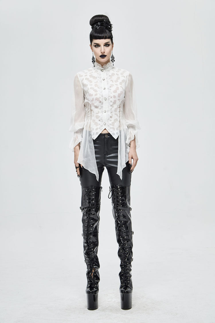 Gothic Lolita Blouse - Chiffon High Collar Front Flare, White, Women's Style, Lace Trim - additional product view 4