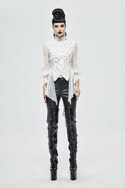 Gothic Lolita Blouse - Chiffon High Collar Front Flare, White, Women's Style, Lace Trim - additional product view 4