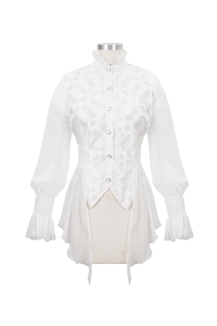 Gothic Lolita Blouse - Chiffon High Collar Front Flare, White, Women's Style, Lace Trim - additional product view 5