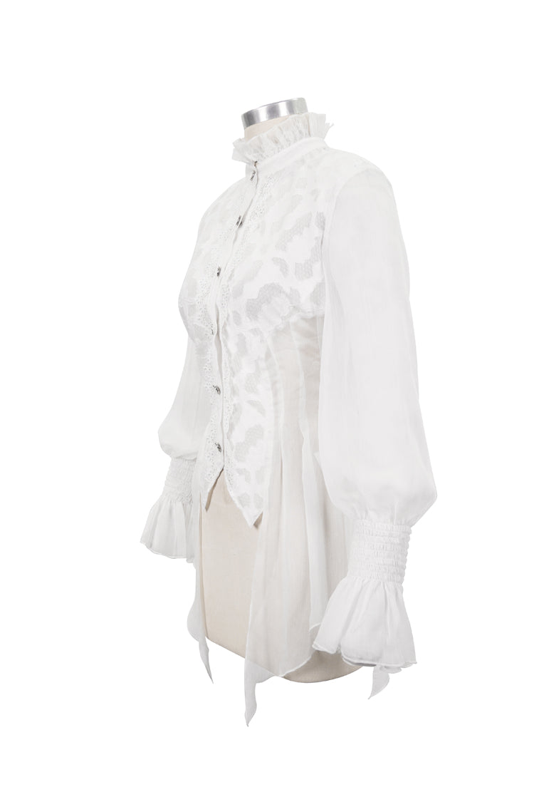 Gothic Lolita Blouse - Chiffon High Collar Front Flare, White, Women's Style, Lace Trim - additional product view 6
