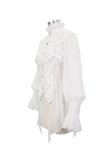 Gothic Lolita Blouse - Chiffon High Collar Front Flare, White, Women's Style, Lace Trim - additional product view 6