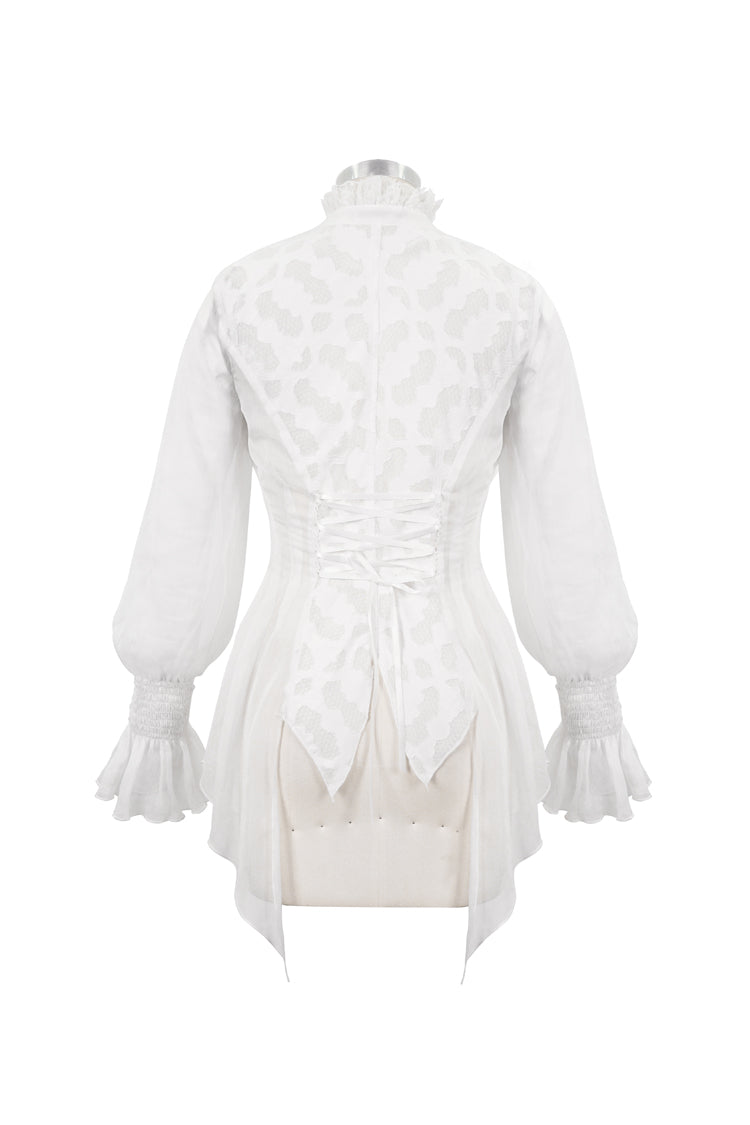Gothic Lolita Blouse - Chiffon High Collar Front Flare, White, Women's Style, Lace Trim - additional product view 7