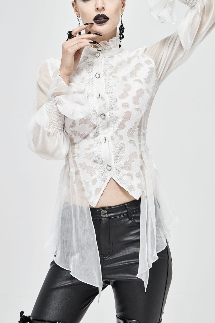 Gothic Lolita Blouse - Chiffon High Collar Front Flare, White, Women's Style, Lace Trim - main product image