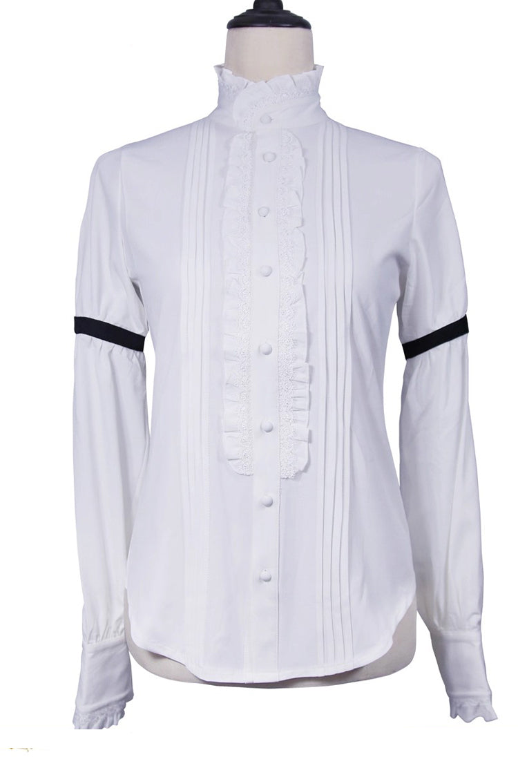 Gothic Lolita Blouse - Eternal Rose Knight, White, Stand Collar, Ruffled, Long Sleeves - main product image