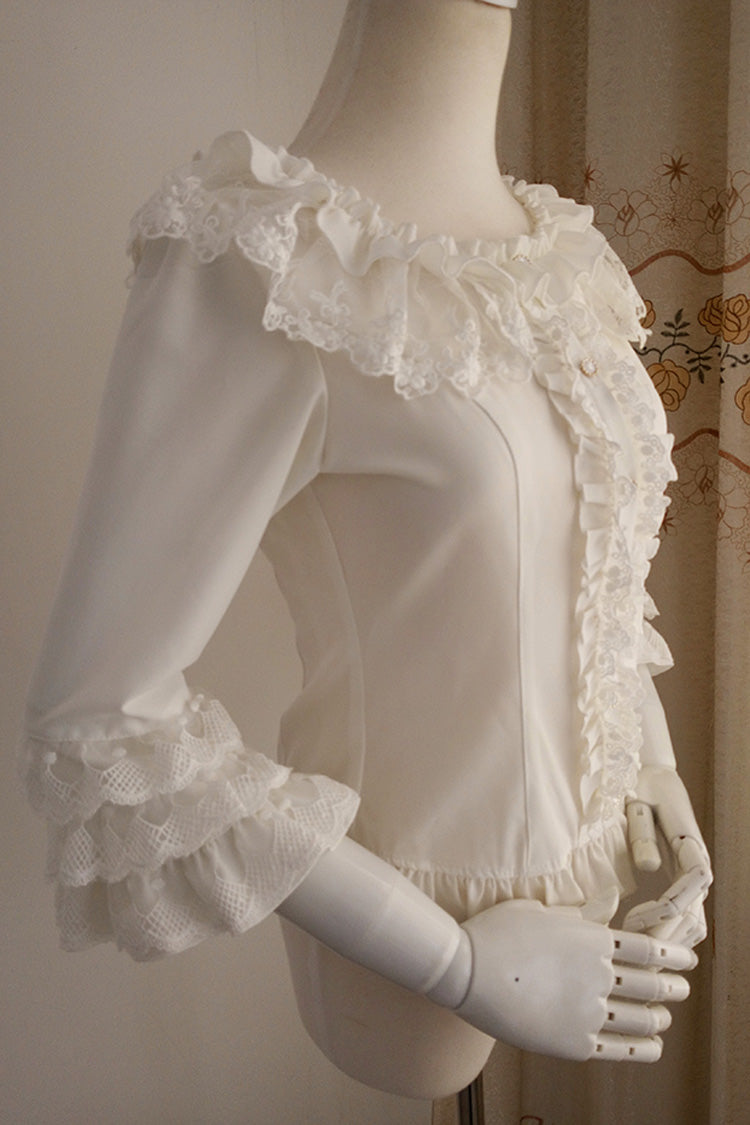 Gothic Lolita Blouse - Half Hime Sleeves, White, Sweet Style, Lace Trim, Ruffled - additional product view 5