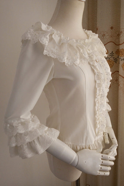 Gothic Lolita Blouse - Half Hime Sleeves, White, Sweet Style, Lace Trim, Ruffled - additional product view 5