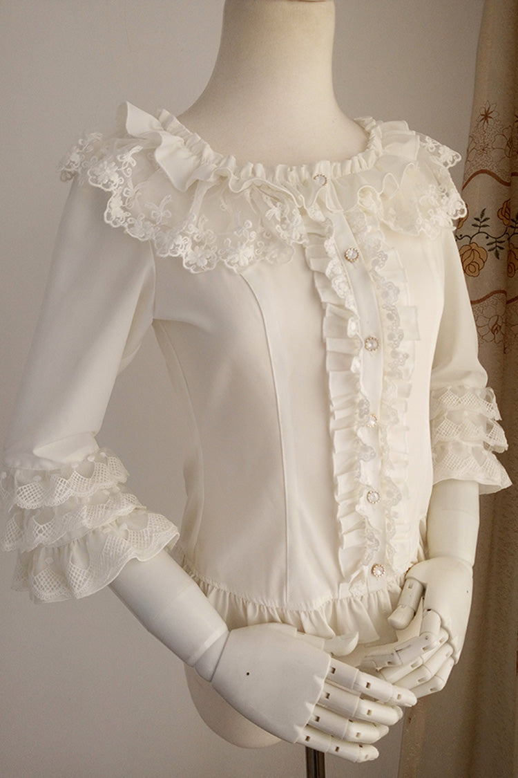 Gothic Lolita Blouse - Half Hime Sleeves, White, Sweet Style, Lace Trim, Ruffled - additional product view 6