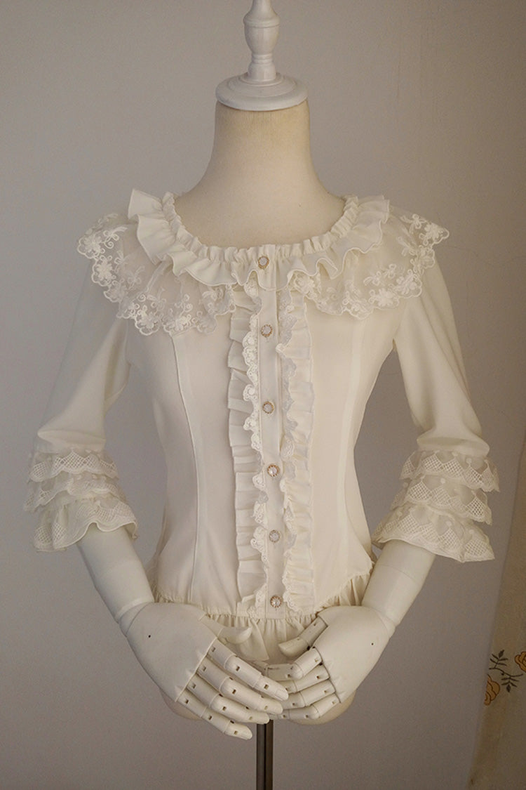 Gothic Lolita Blouse - Half Hime Sleeves, White, Sweet Style, Lace Trim, Ruffled - main product image