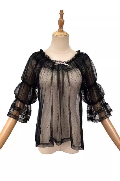 Gothic Lolita Blouse - Half Lantern Bowknot Sheer, 2 Colors, Sweet Style, Bow Detail - main product image