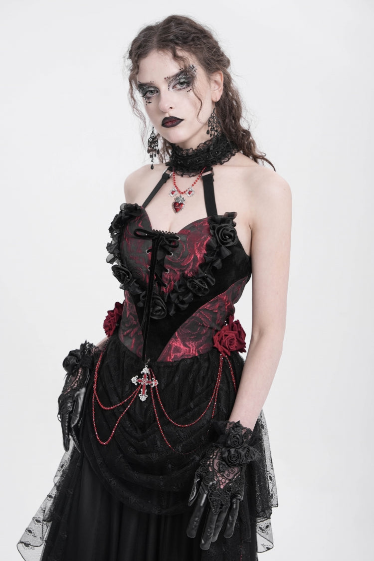 Gothic Lolita Blouse - Halterneck, Red, Women's Style, Embroidered, Lace Trim - additional product view 3