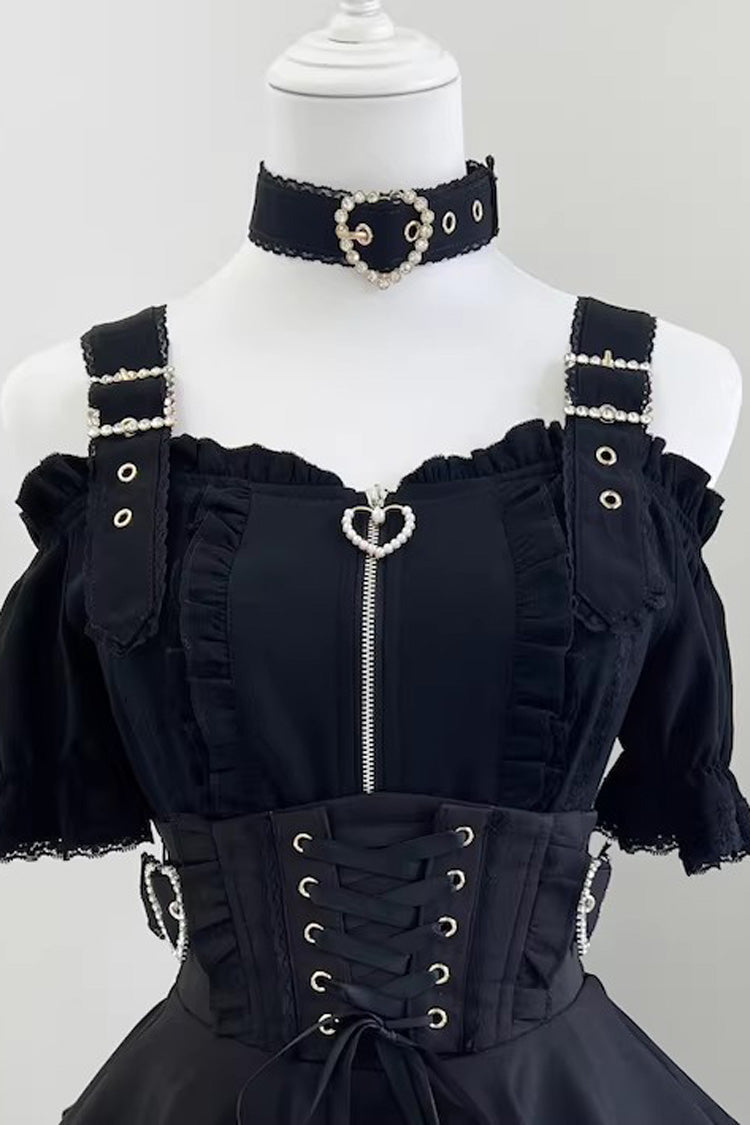 Gothic Lolita Blouse - Heartbeat Buffy, 9 Colors, Zipper Detail, Stand Collar, Sweet Style - M Black(Short-Sleeve-Blouse-Only) / L Black(Short-Sleeve-Blouse-Only) / XL Black(Short-Sleeve-Blouse-Only) option