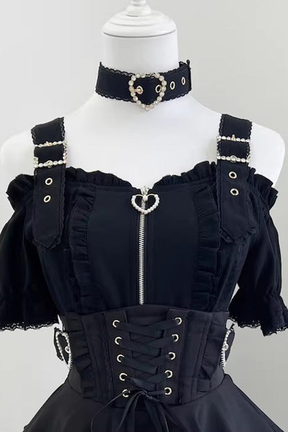 Gothic Lolita Blouse - Heartbeat Buffy, 9 Colors, Zipper Detail, Stand Collar, Sweet Style - M Black(Short-Sleeve-Blouse-Only) / L Black(Short-Sleeve-Blouse-Only) / XL Black(Short-Sleeve-Blouse-Only) option