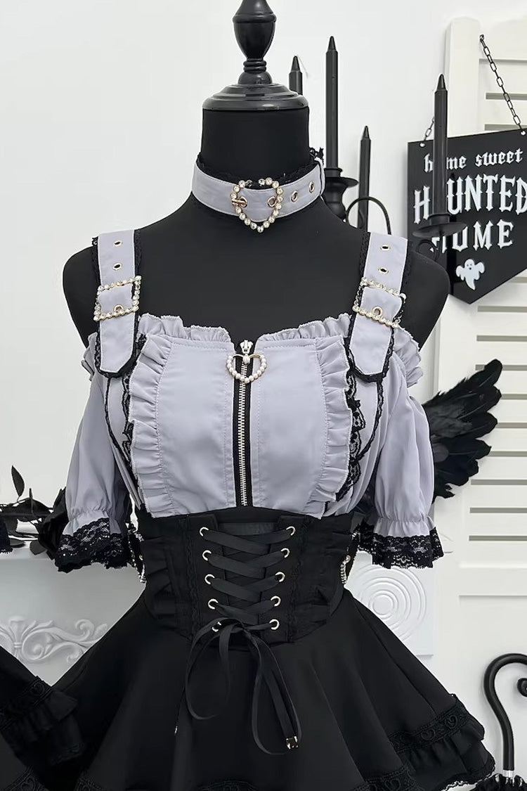 Gothic Lolita Blouse - Heartbeat Buffy, 9 Colors, Zipper Detail, Stand Collar, Sweet Style - M Grey(Short-Sleeve-Blouse-Only) / L Grey(Short-Sleeve-Blouse-Only) / XL Grey(Short-Sleeve-Blouse-Only) option