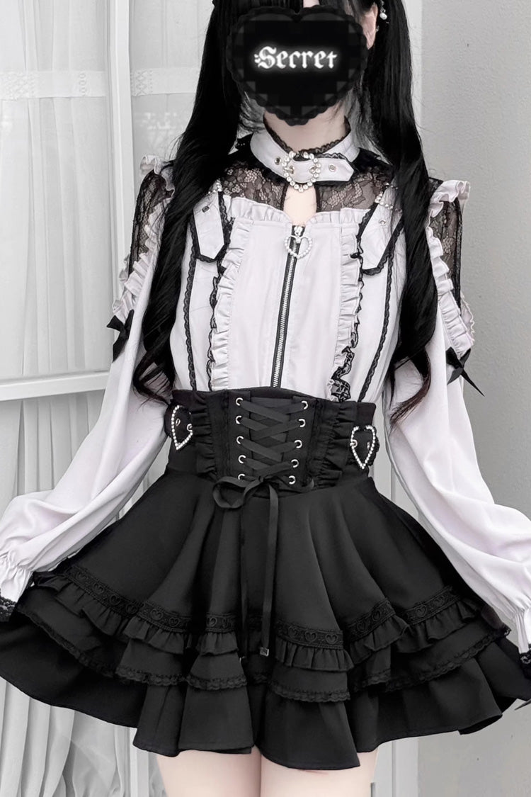Gothic Lolita Blouse - Heartbeat Buffy, 9 Colors, Zipper Detail, Stand Collar, Sweet Style - M Pink/Black(Long-Sleeve-Blouse-Only) / L Pink/Black(Long-Sleeve-Blouse-Only) / XL Pink/Black(Long-Sleeve-Blouse-Only) option