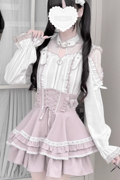 Gothic Lolita Blouse - Heartbeat Buffy, 9 Colors, Zipper Detail, Stand Collar, Sweet Style - M White/Pink(Long-Sleeve-Blouse-Only) / L White/Pink(Long-Sleeve-Blouse-Only) / XL White/Pink(Long-Sleeve-Blouse-Only) option