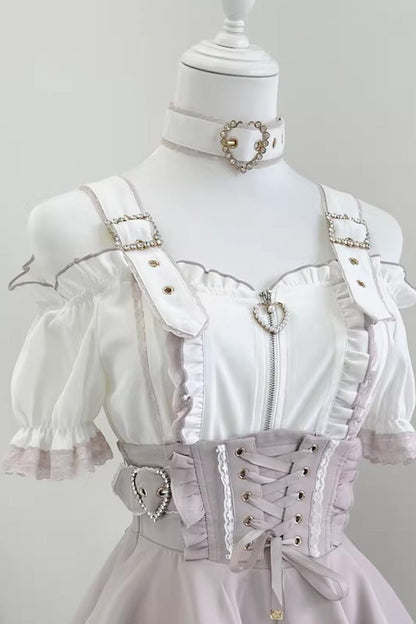 Gothic Lolita Blouse - Heartbeat Buffy, 9 Colors, Zipper Detail, Stand Collar, Sweet Style - M White/Pink(Short-Sleeve-Blouse-Only) / L White/Pink(Short-Sleeve-Blouse-Only) / XL White/Pink(Short-Sleeve-Blouse-Only) option