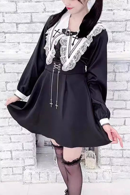 Gothic Lolita Blouse - Jirai Kei, 2 Colors, Long Sleeves, Embroidered, Cross Detail - additional product view 4