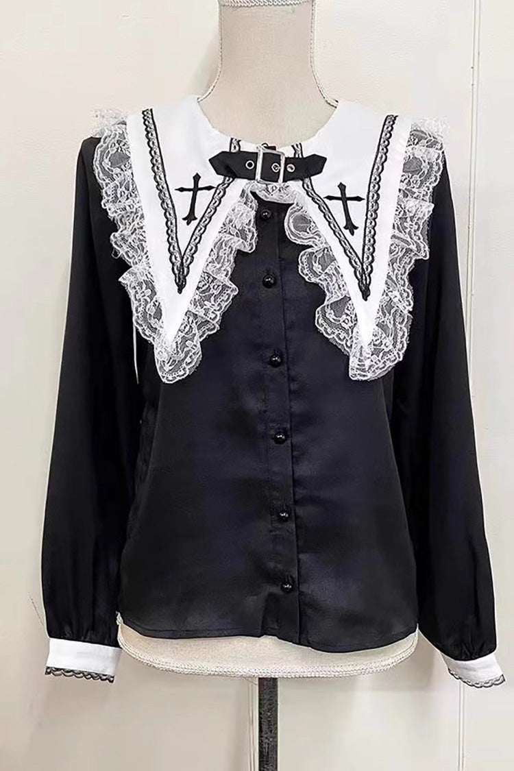 Gothic Lolita Blouse - Jirai Kei, 2 Colors, Long Sleeves, Embroidered, Cross Detail - additional product view 5