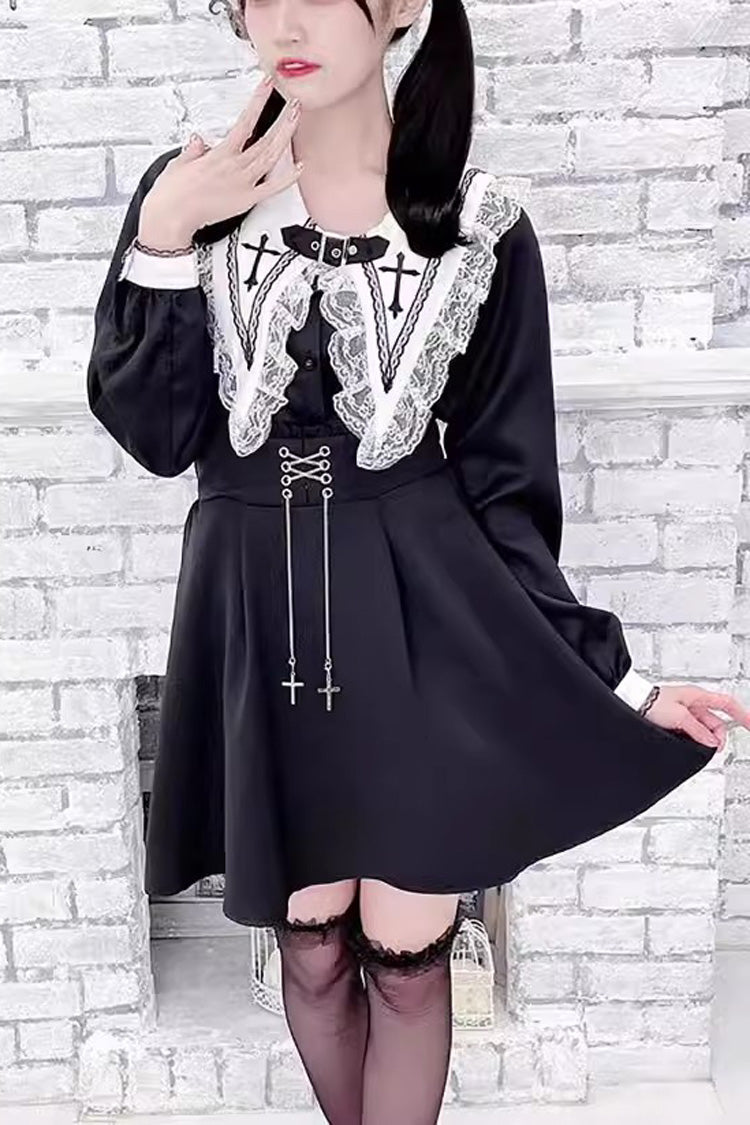 Gothic Lolita Blouse - Jirai Kei, 2 Colors, Long Sleeves, Embroidered, Cross Detail - S Black/White / M Black/White / L Black/White option