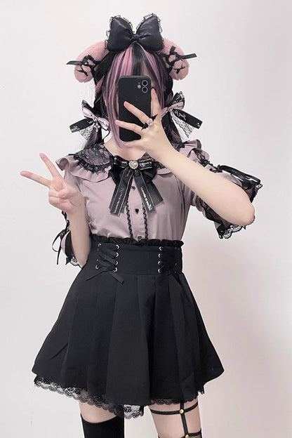 Gothic Lolita Blouse - Jirai Kei, 3 Colors, Sweet Style, Bow Detail, Lace Trim - main product image