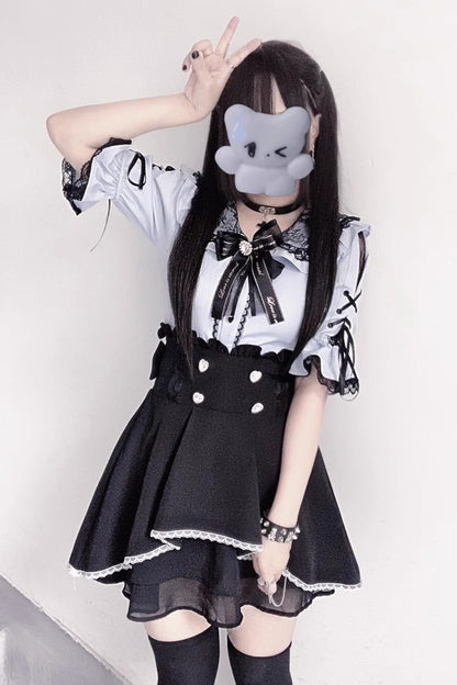 Gothic Lolita Blouse - Jirai Kei, 3 Colors, Sweet Style, Bow Detail, Lace Trim - S Blue/Green / M Blue/Green / L Blue/Green option