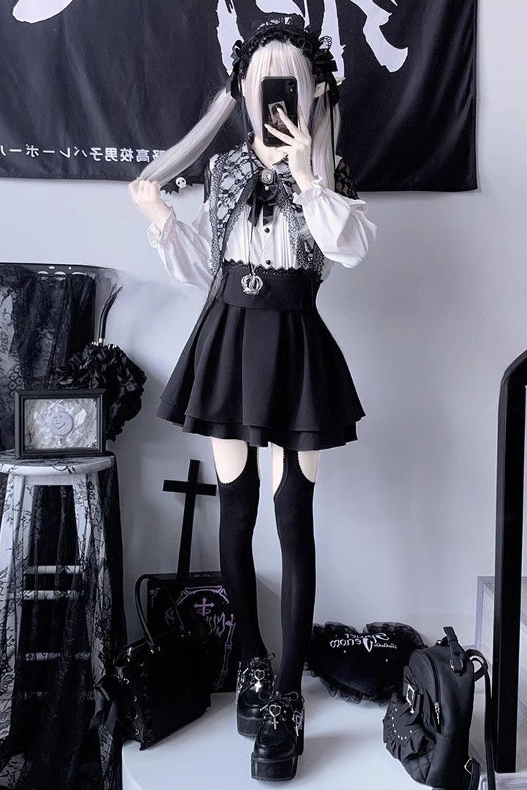 Gothic Lolita Blouse - Jirai Kei Puff Ruffle, 2 Colors, Puff Sleeves, Ruffled - M White/Black / L White/Black / XL White/Black option