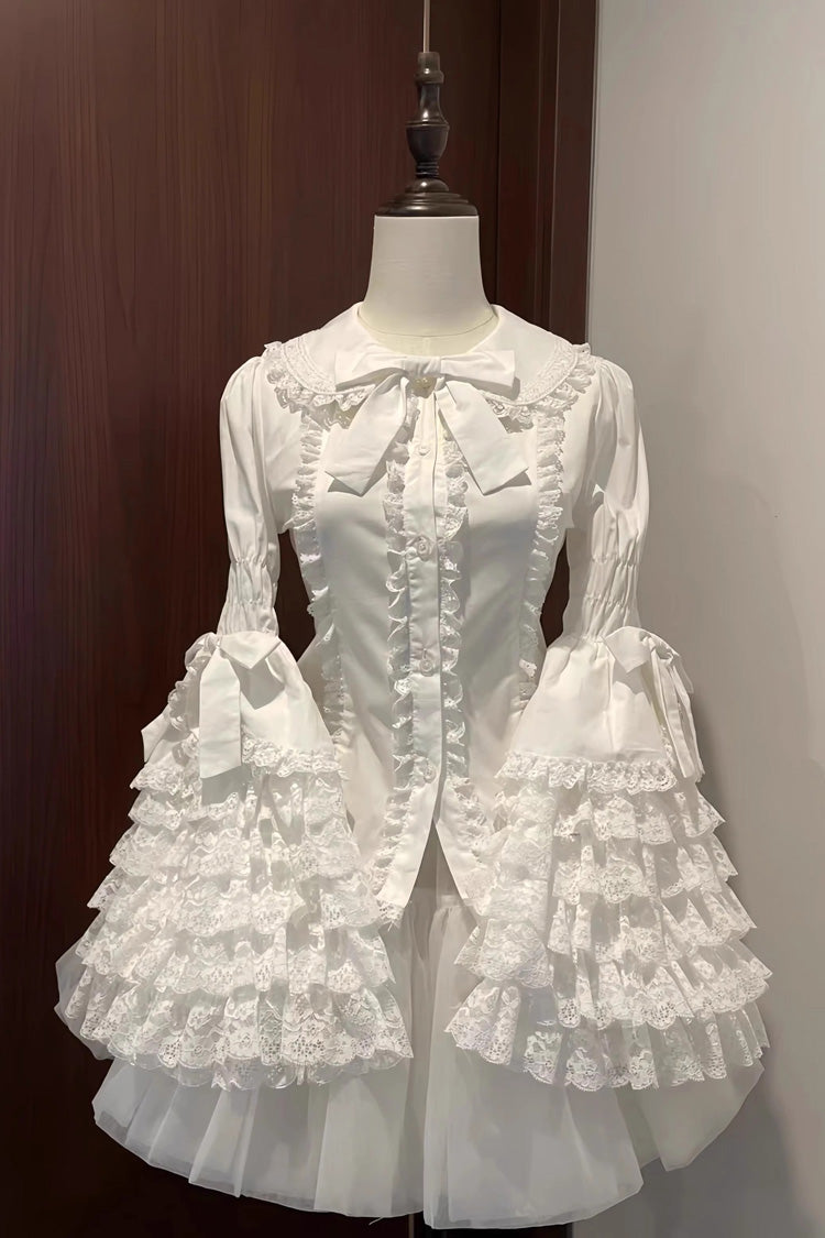 Gothic Lolita Blouse - Lapel Collar Hime Ruffle, 3 Colors, Lace Trim, Ruffled - S White / M White / L White option