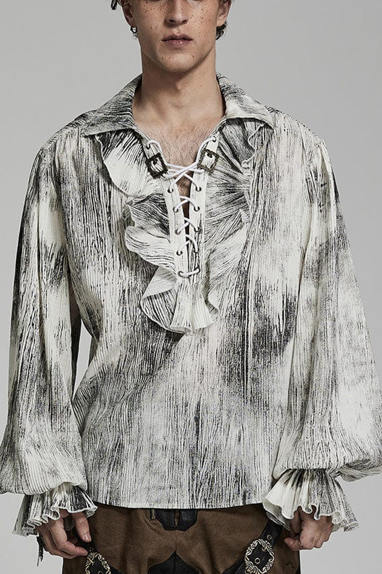 Gothic Lolita Blouse - Men's Jacquard V Collar Lantern, 2 Colors, Men's Style, Ruffled - S White / M White / L White option