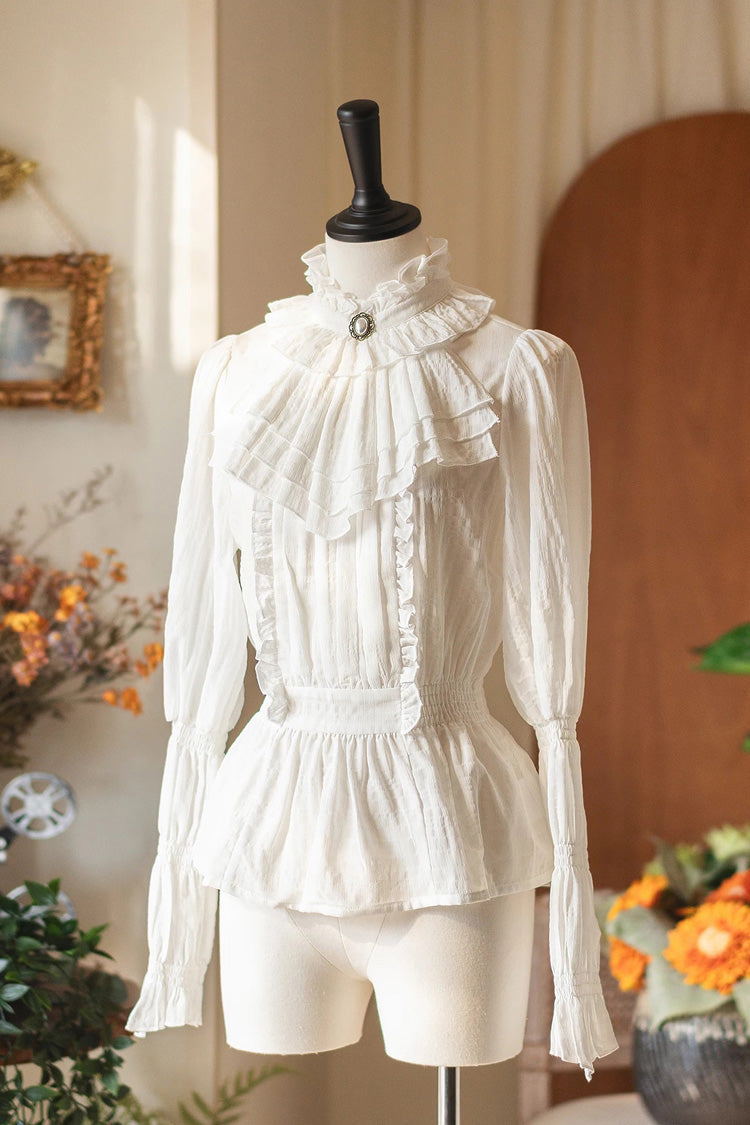 Gothic Lolita Blouse - Misty Forest, White, Stand Collar, Sweet Style, Ruffled - main product image