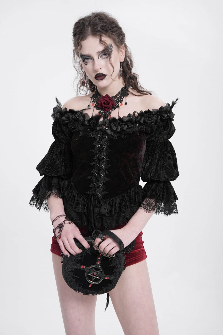 Gothic Lolita Blouse - Off Shoulder, Red, Women's Style, Ruffled, Embroidered - additional product view 2