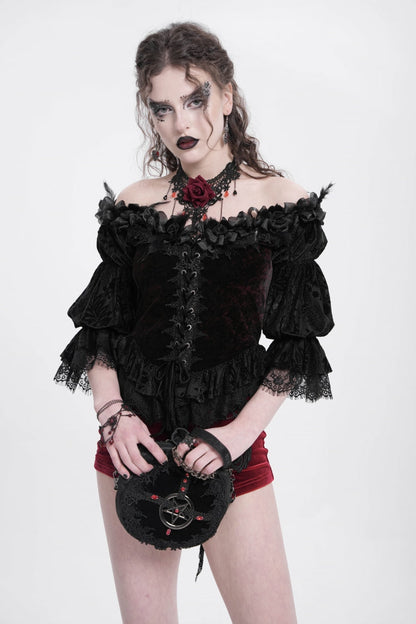 Gothic Lolita Blouse - Off Shoulder, Red, Women's Style, Ruffled, Embroidered - additional product view 2
