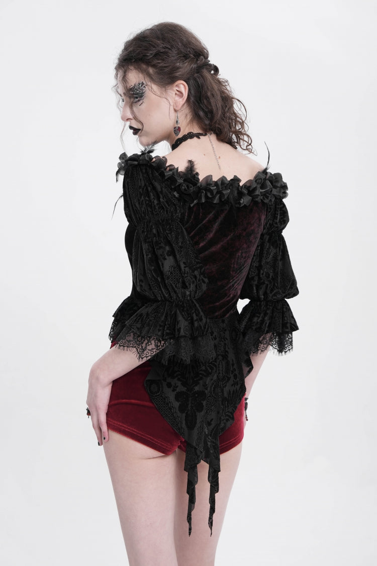 Gothic Lolita Blouse - Off Shoulder, Red, Women's Style, Ruffled, Embroidered - additional product view 3