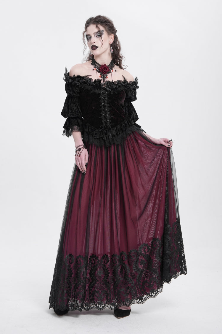 Gothic Lolita Blouse - Off Shoulder, Red, Women's Style, Ruffled, Embroidered - additional product view 5