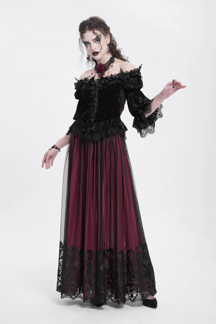 Gothic Lolita Blouse - Off Shoulder, Red, Women's Style, Ruffled, Embroidered - additional product view 8