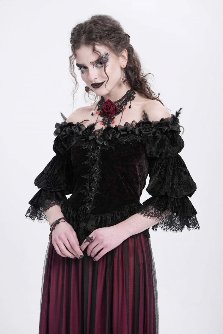 Gothic Lolita Blouse - Off Shoulder, Red, Women's Style, Ruffled, Embroidered - main product image