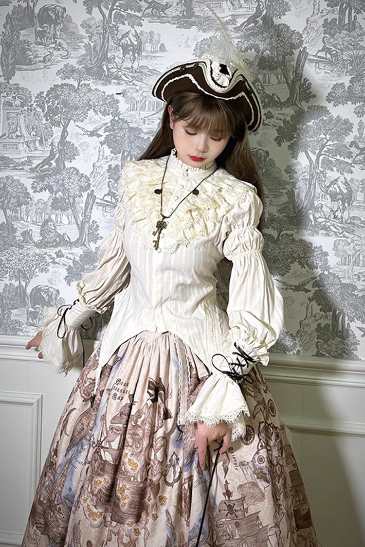 Gothic Lolita Blouse - Pirate Series Navigation, 3 Colors, Stand Collar, Sweet Style - XS Beige / S Beige / M Beige option