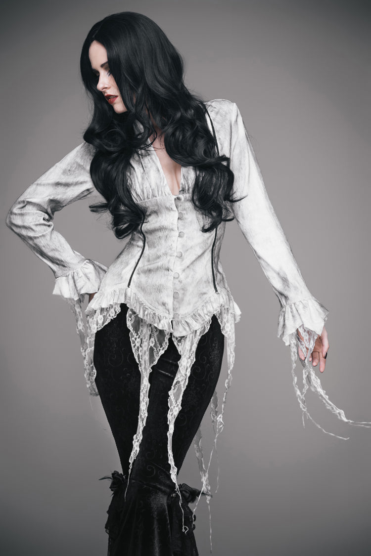 Gothic Lolita Blouse - Printed V-neck, White, Women's Style, Lace Trim, Lace-Up - additional product view 2